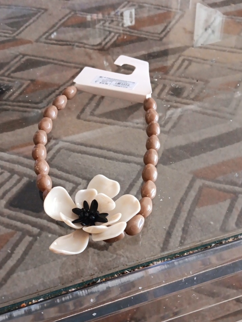 Brown Beaded Choker Necklace with Cream Floral Pendant - Women